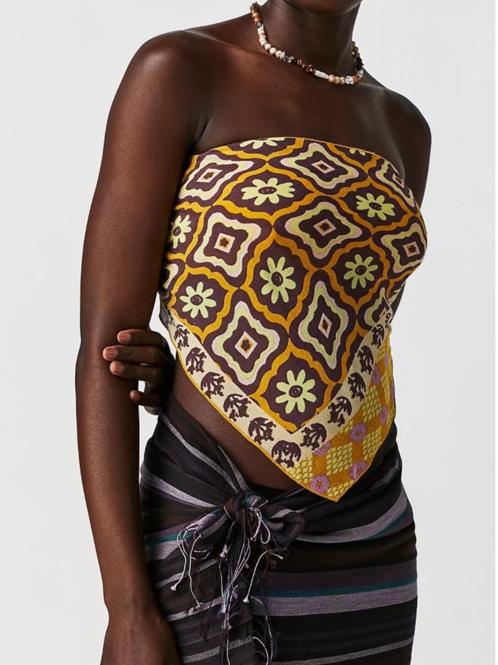 Free People Raya Bandana Top Boho Patchwork Print Mustard Purple Floral Sz M
